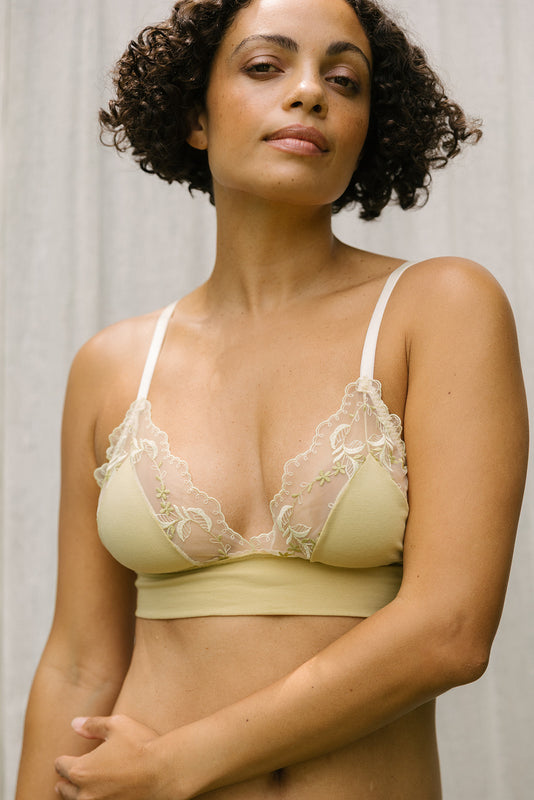 Ivy Soft Yellow Organic Cotton & Embroidered Lace bra
